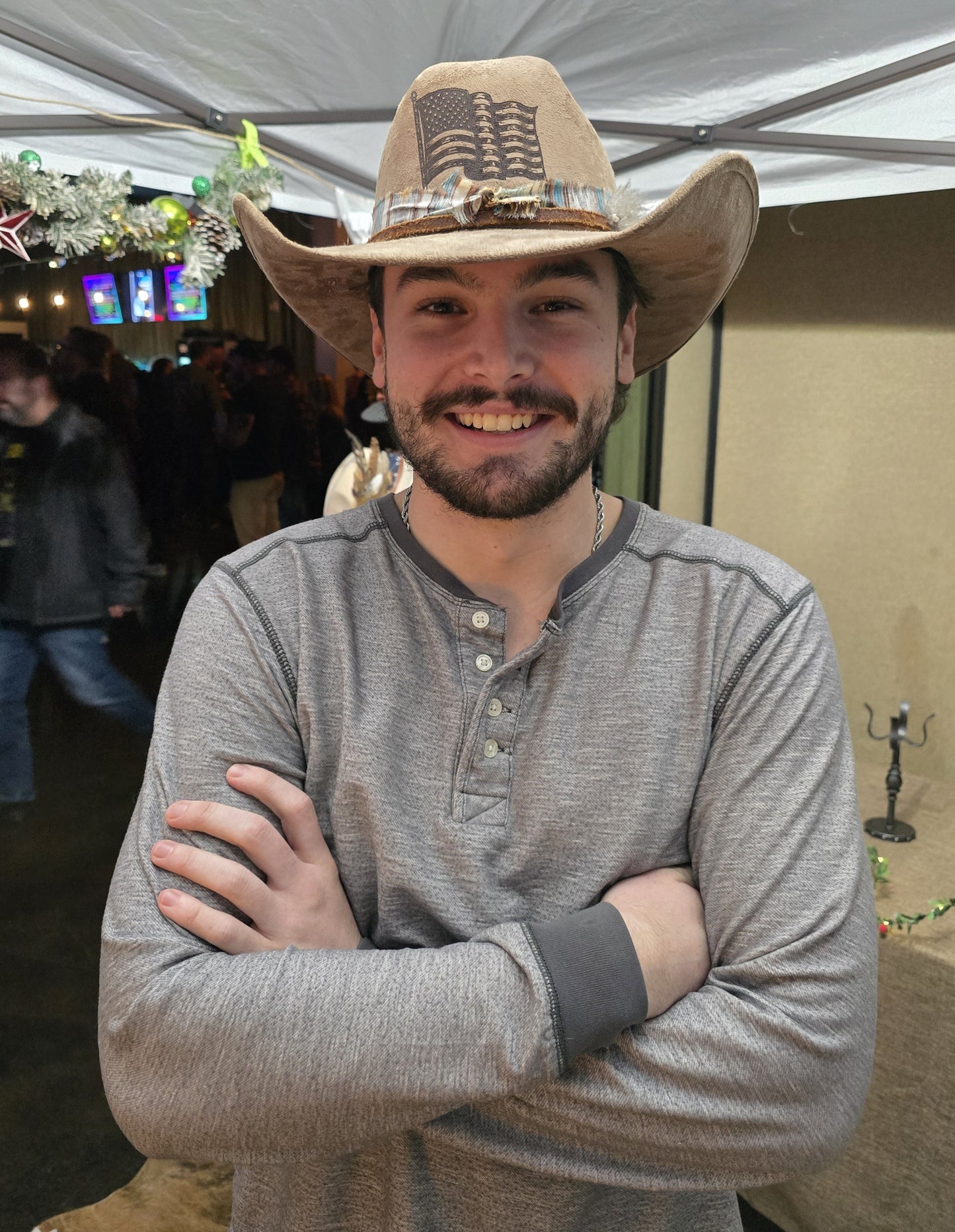 Roy - Taupe Faux Suede Cowboy Hat with Distressed Flag Graphic and Feather Detail