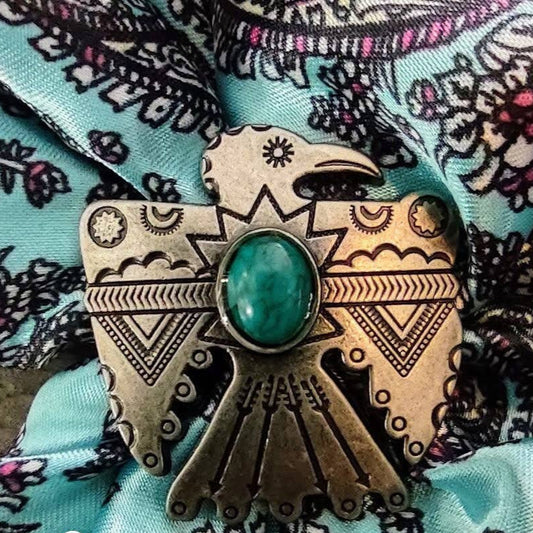 Wild Rag SLIDE Thunderbird Concho Antique Silver Scarf Slide w/ Turquoise