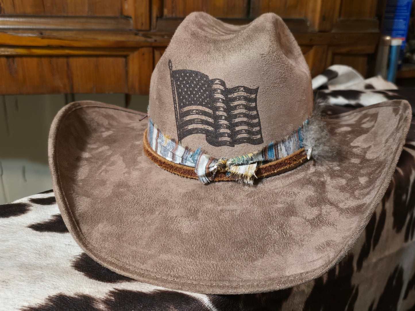 Roy - Taupe Faux Suede Cowboy Hat with Distressed Flag Graphic and Feather Detail