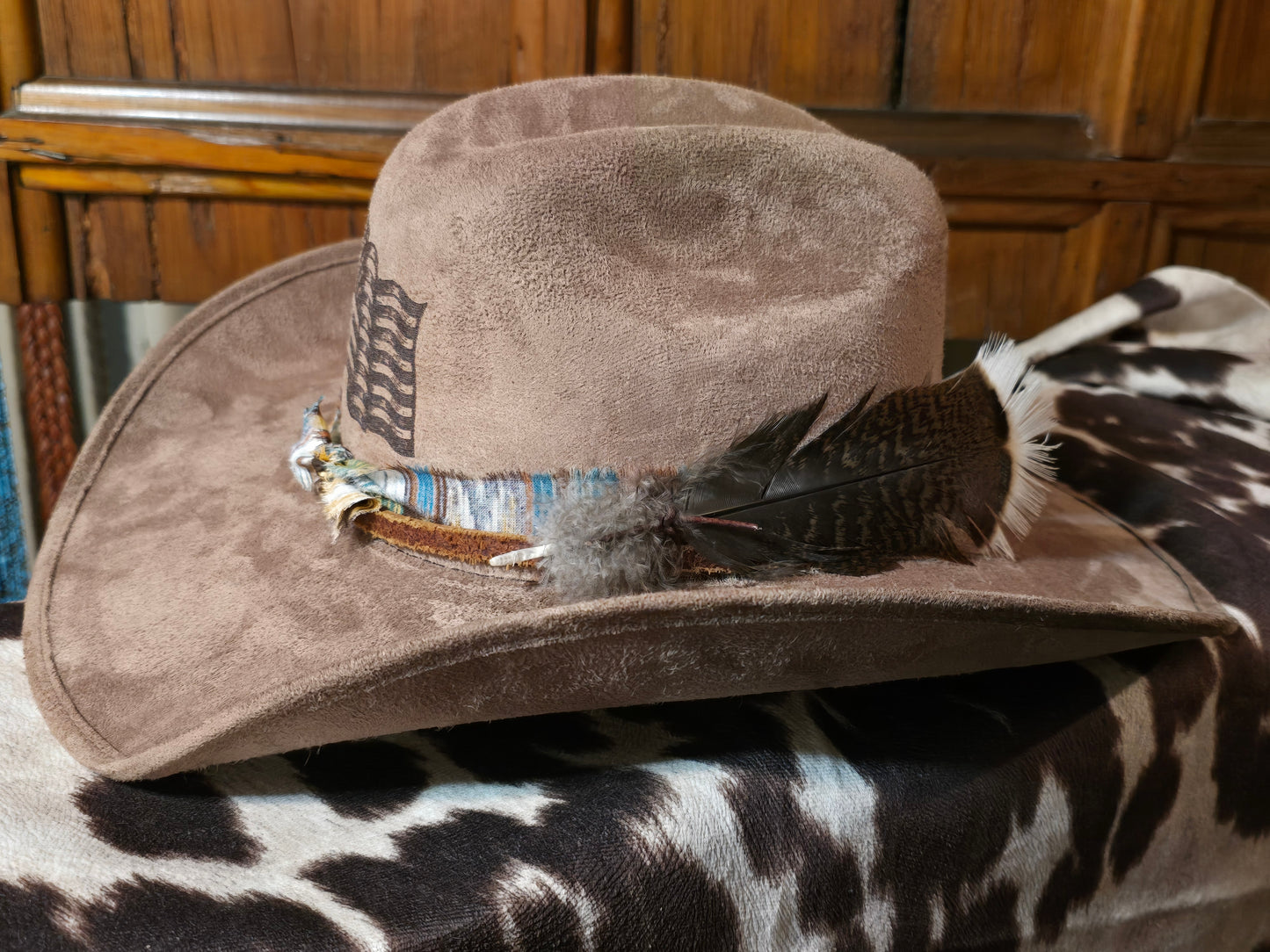 Roy - Taupe Faux Suede Cowboy Hat with Distressed Flag Graphic and Feather Detail