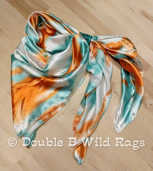 Wild Rag Orange and Light teal green Grunge Patina print Western Cowboy Neck Scarf Bandana: 35" x 35"