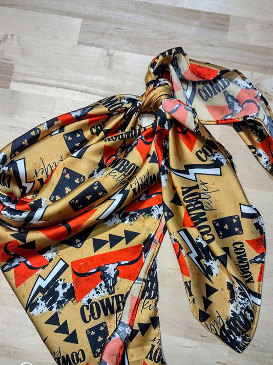 Wild Rag Gold Cowboy Killer Cowboy Buckaroo scene Western Neck Scarf Bandanna 35"x35"