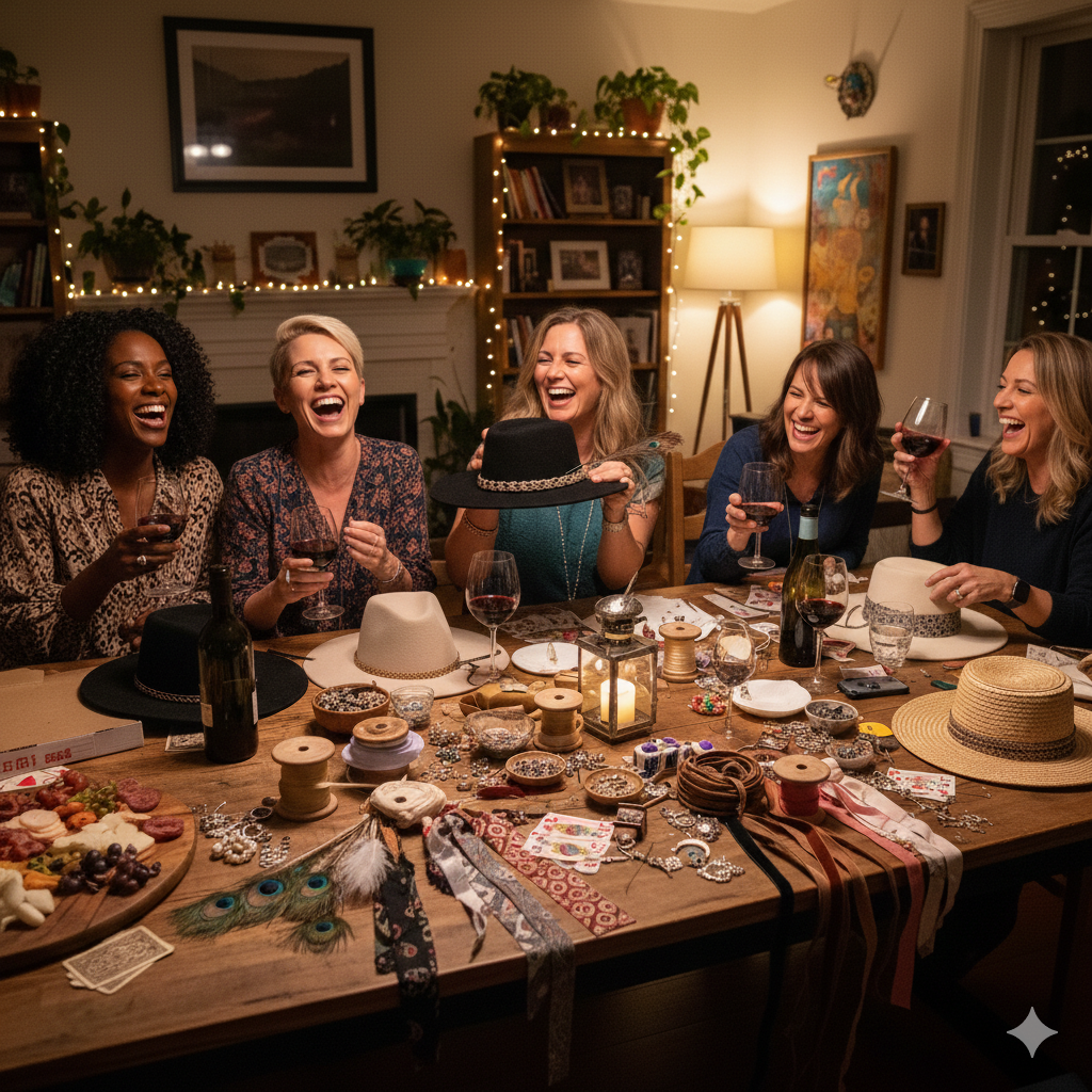 Five women laughing together around a hat bar in Memphis with hats and drinks.
