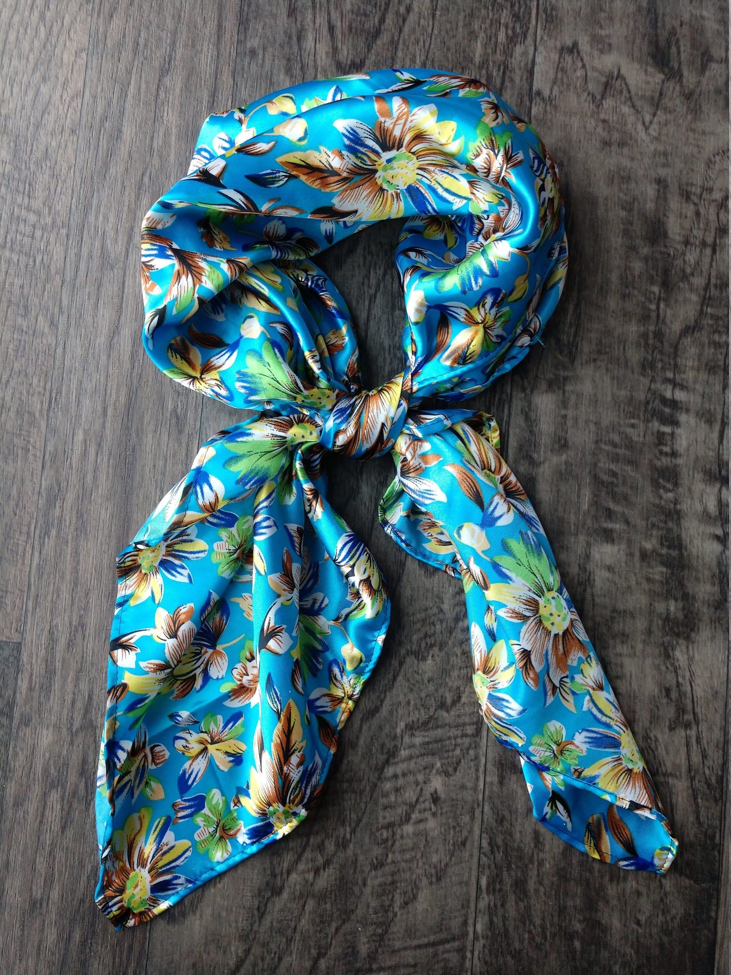 Bright Blue Wild Daisy Floral Print Cowboy Silk Charmeuse Wild Rag Western Neck Scarf Bandanna