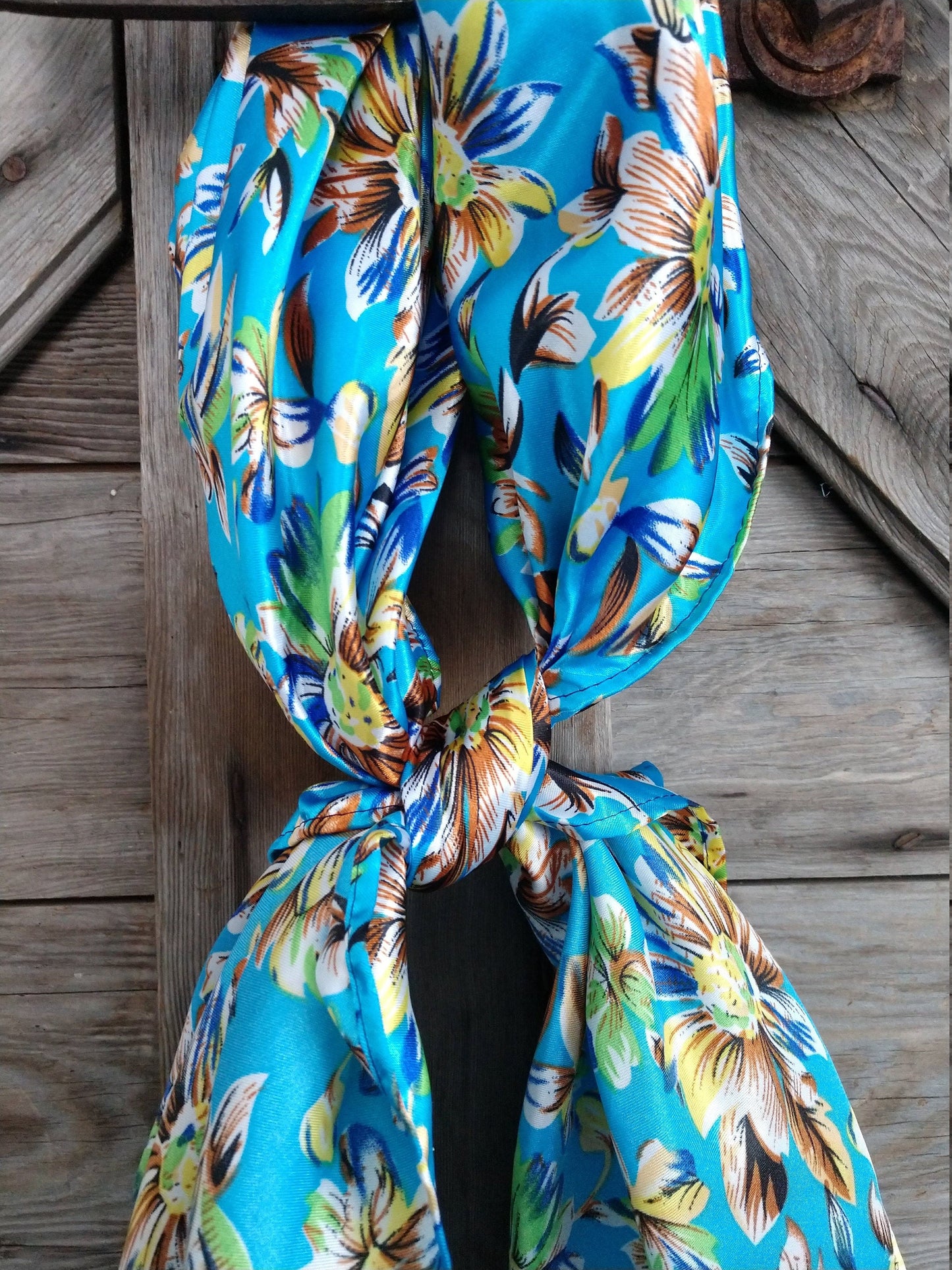 Bright Blue Wild Daisy Floral Print Cowboy Silk Charmeuse Wild Rag Western Neck Scarf Bandanna