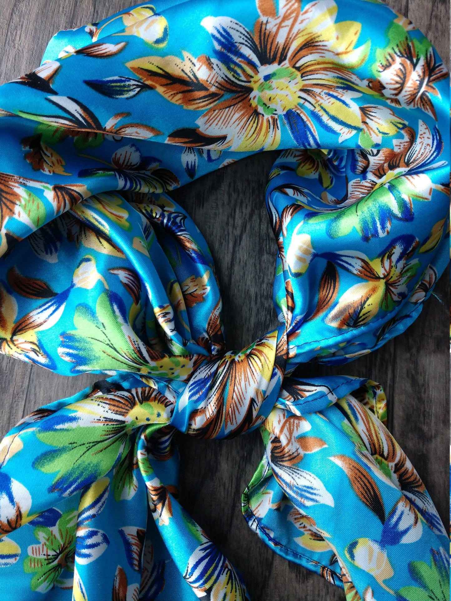 Bright Blue Wild Daisy Floral Print Cowboy Silk Charmeuse Wild Rag Western Neck Scarf Bandanna