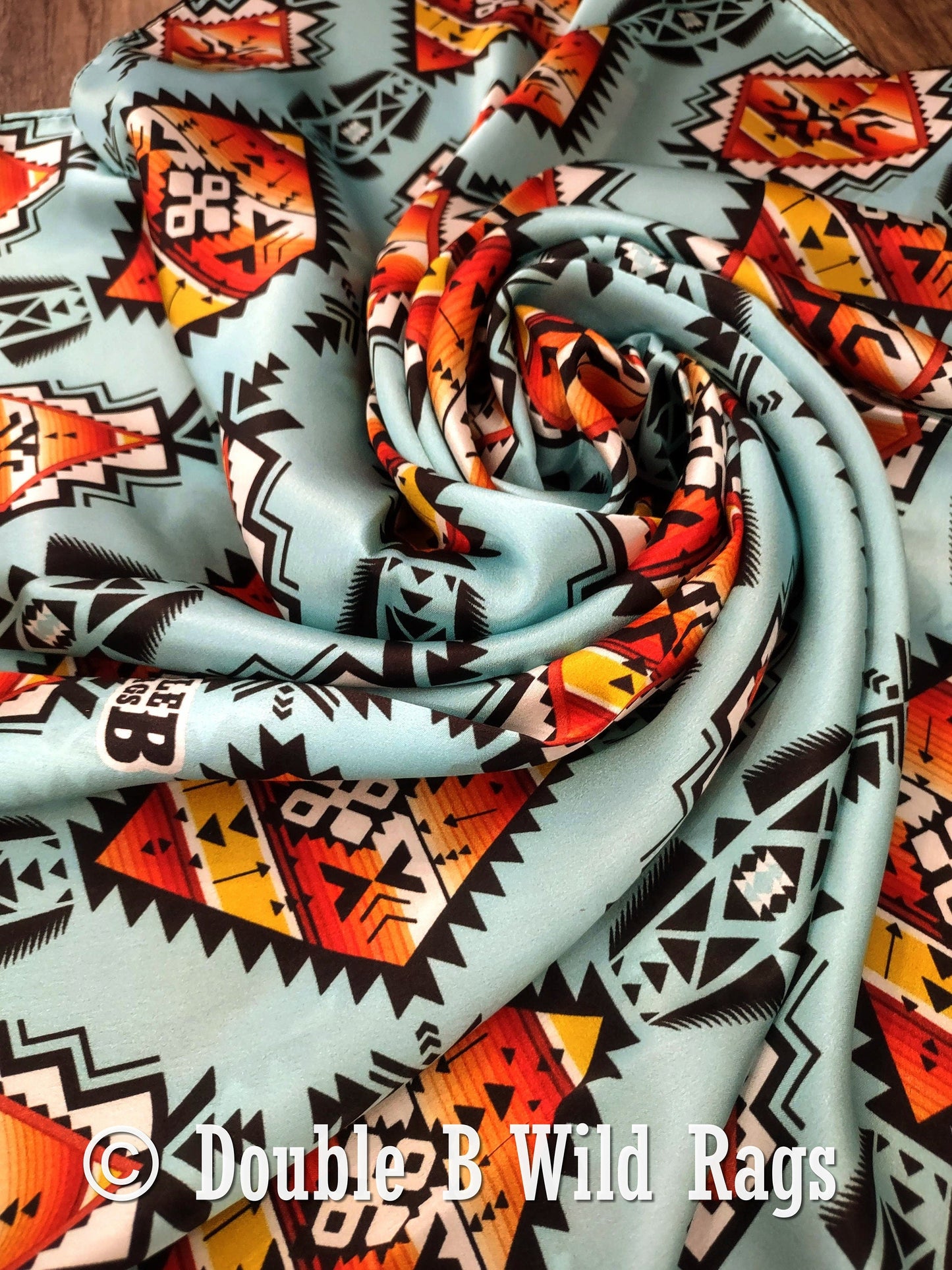 Wild Rag 100% Silk Light Blue with Orange Serape Cowboy Western Neck Scarf Bandanna by Double B Wild Rags