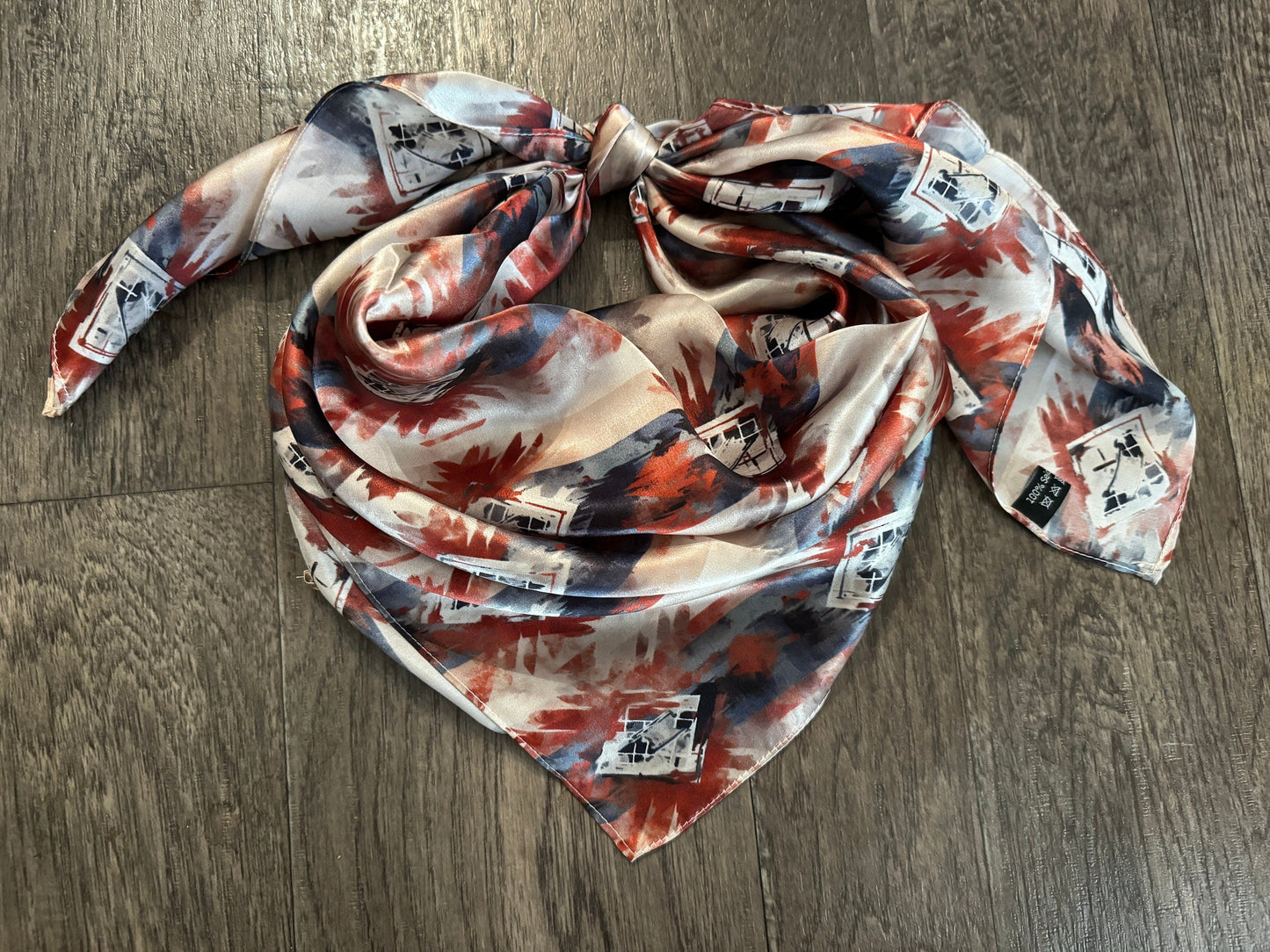 Silk Wild Rag Navy Blue Copper Ivory watercolor tribal print by Double B Wild Rags