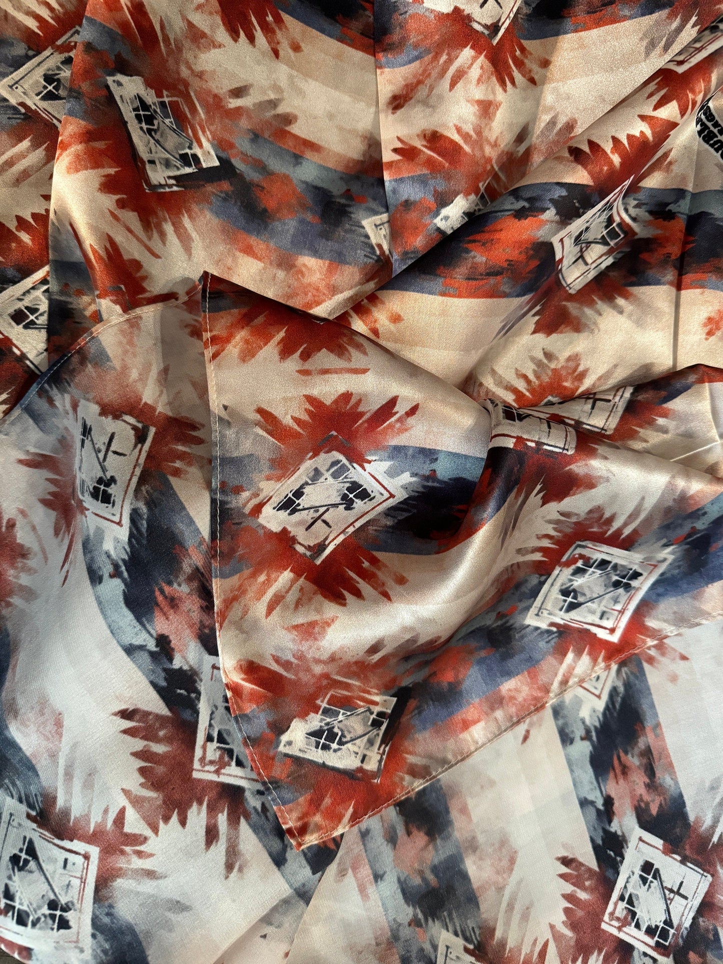 Silk Wild Rag Navy Blue Copper Ivory watercolor tribal print by Double B Wild Rags