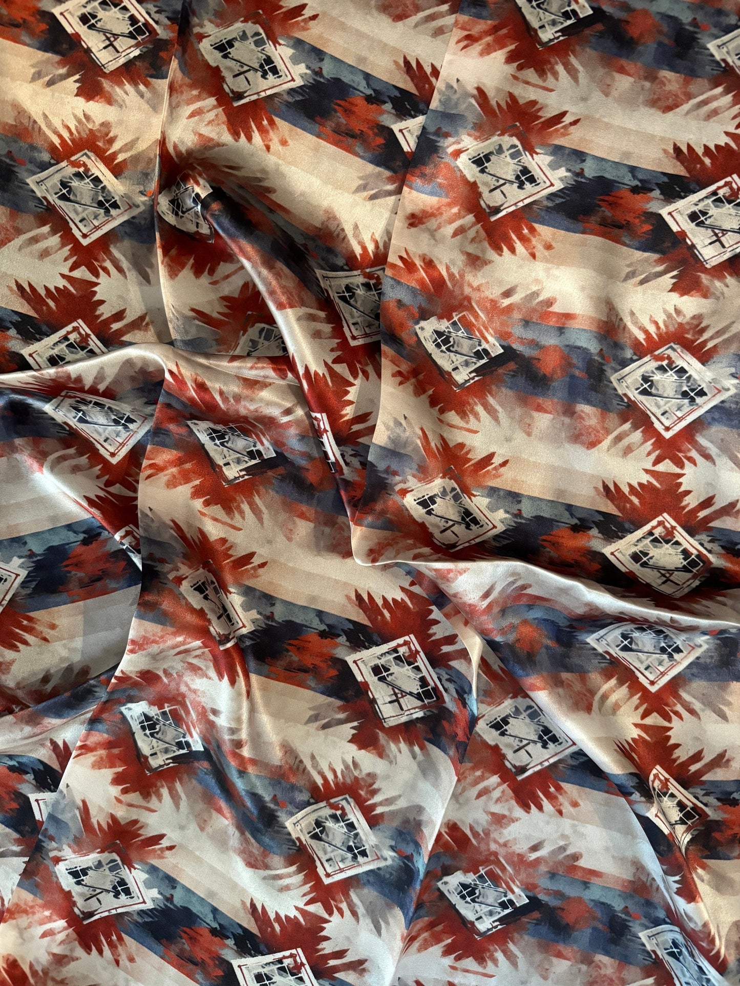 Silk Wild Rag Navy Blue Copper Ivory watercolor tribal print by Double B Wild Rags