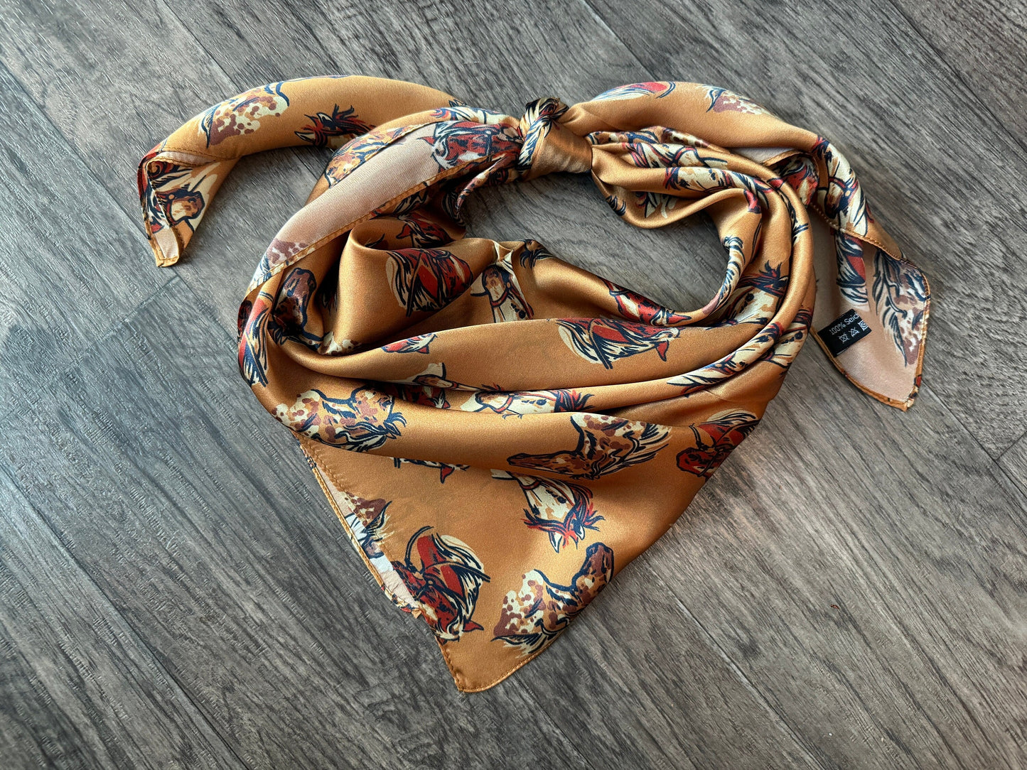 100% Silk Wild Rag “cow ponies” horse head pattern by Double B Wild Rags dark gold, rust, ivory, black