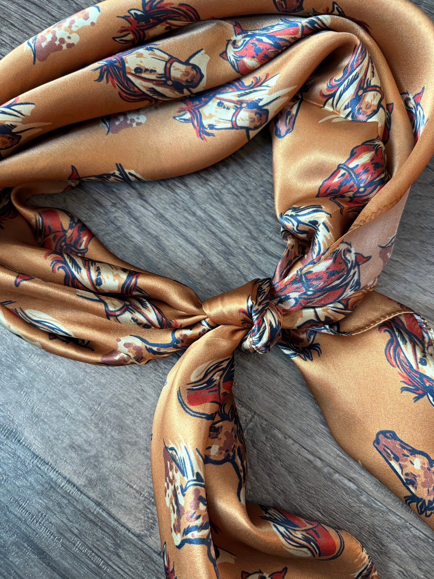 100% Silk Wild Rag “cow ponies” horse head pattern by Double B Wild Rags dark gold, rust, ivory, black