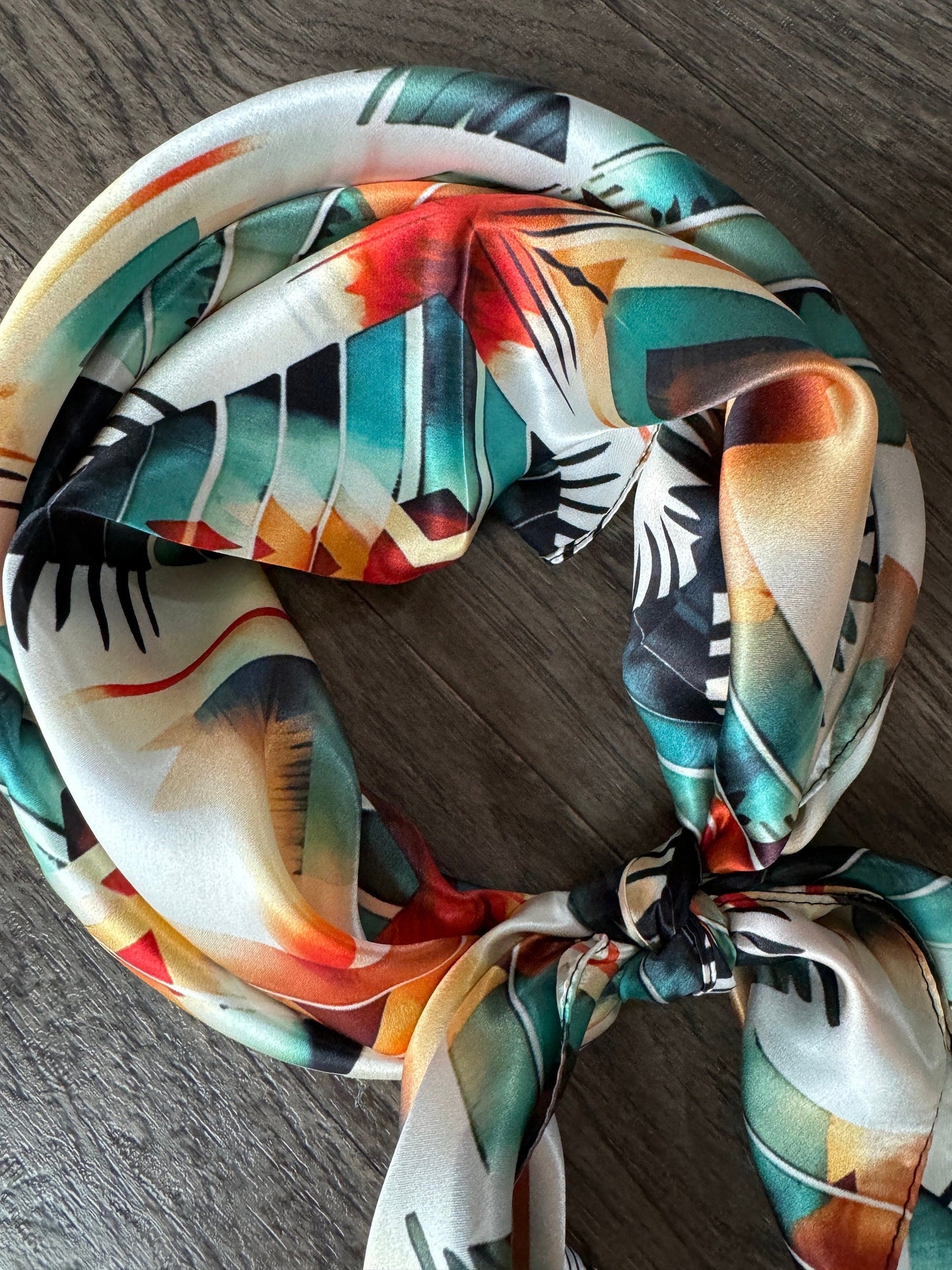 100% Silk Wild Rag Aztec Native Orange Teal and White by Double B Wild Rags