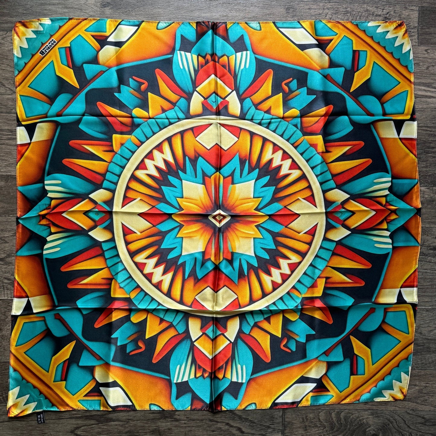 100% Silk Wild Rag Native American Indian Style Orange Teal and Yellow by Double B Wild Rags