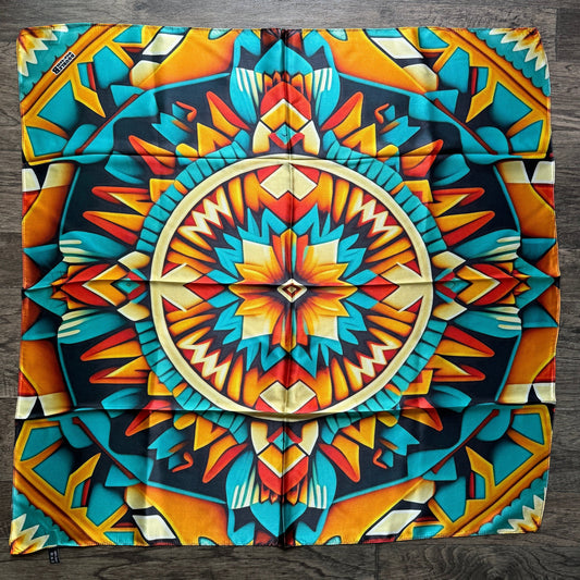 100% Silk Wild Rag Native American Indian Style Orange Teal and Yellow by Double B Wild Rags