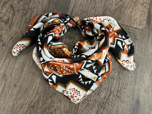 100% Silk Wild Rag Aztec Native tribal inspired pattern of brown, black, and white by Double B Wild Rags