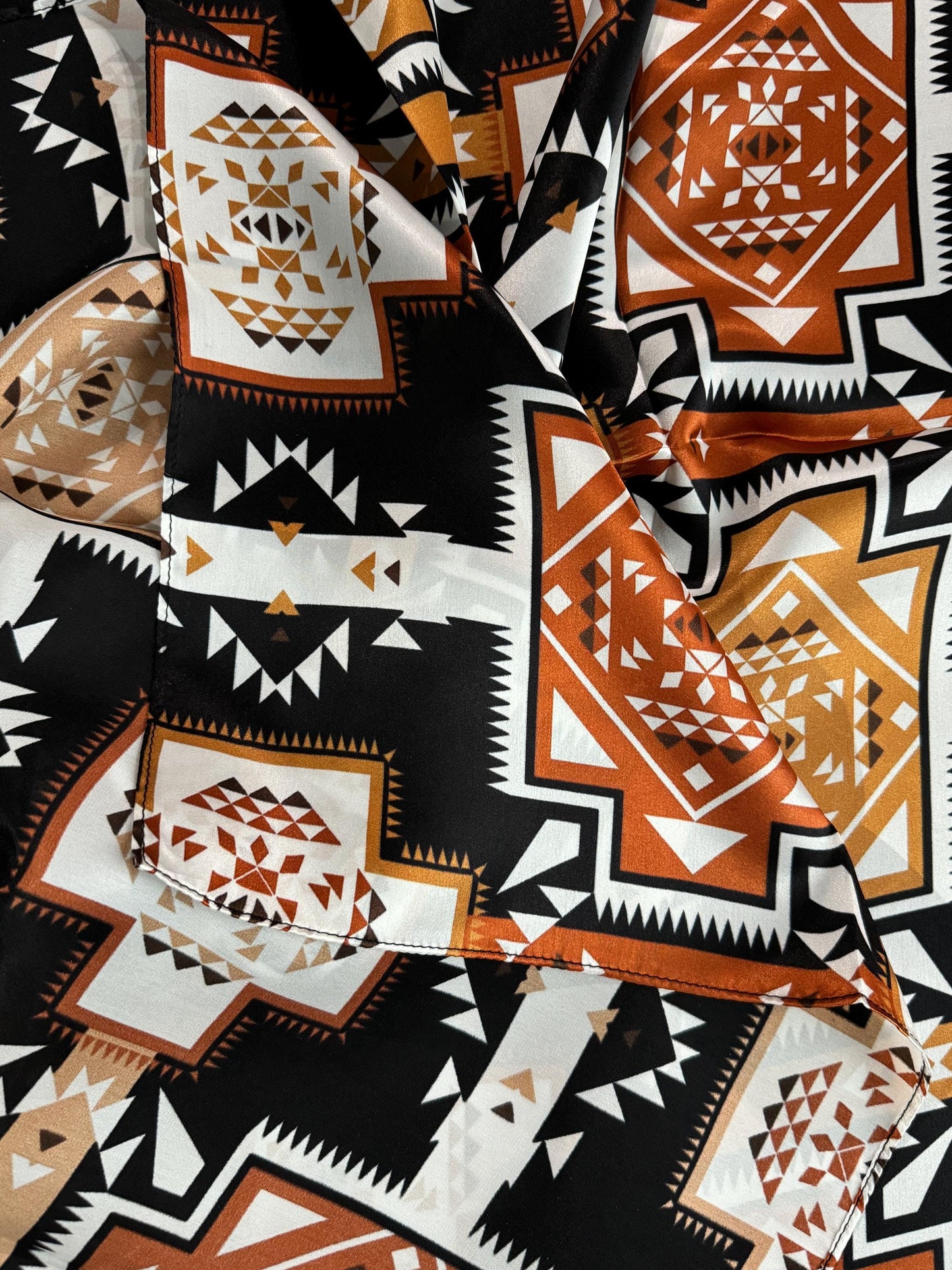 100% Silk Wild Rag Aztec Native tribal inspired pattern of brown, black, and white by Double B Wild Rags