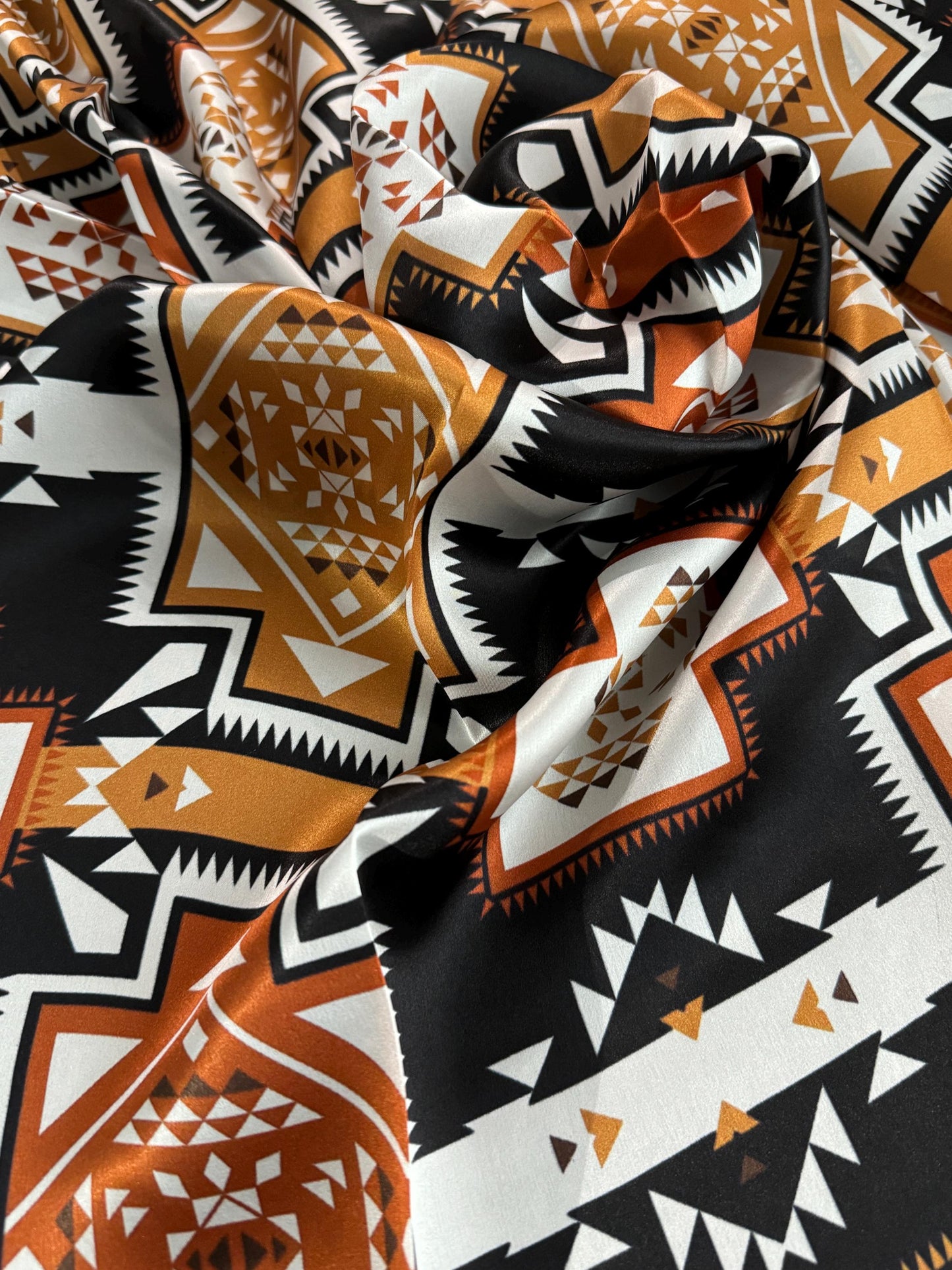 100% Silk Wild Rag Aztec Native tribal inspired pattern of brown, black, and white by Double B Wild Rags