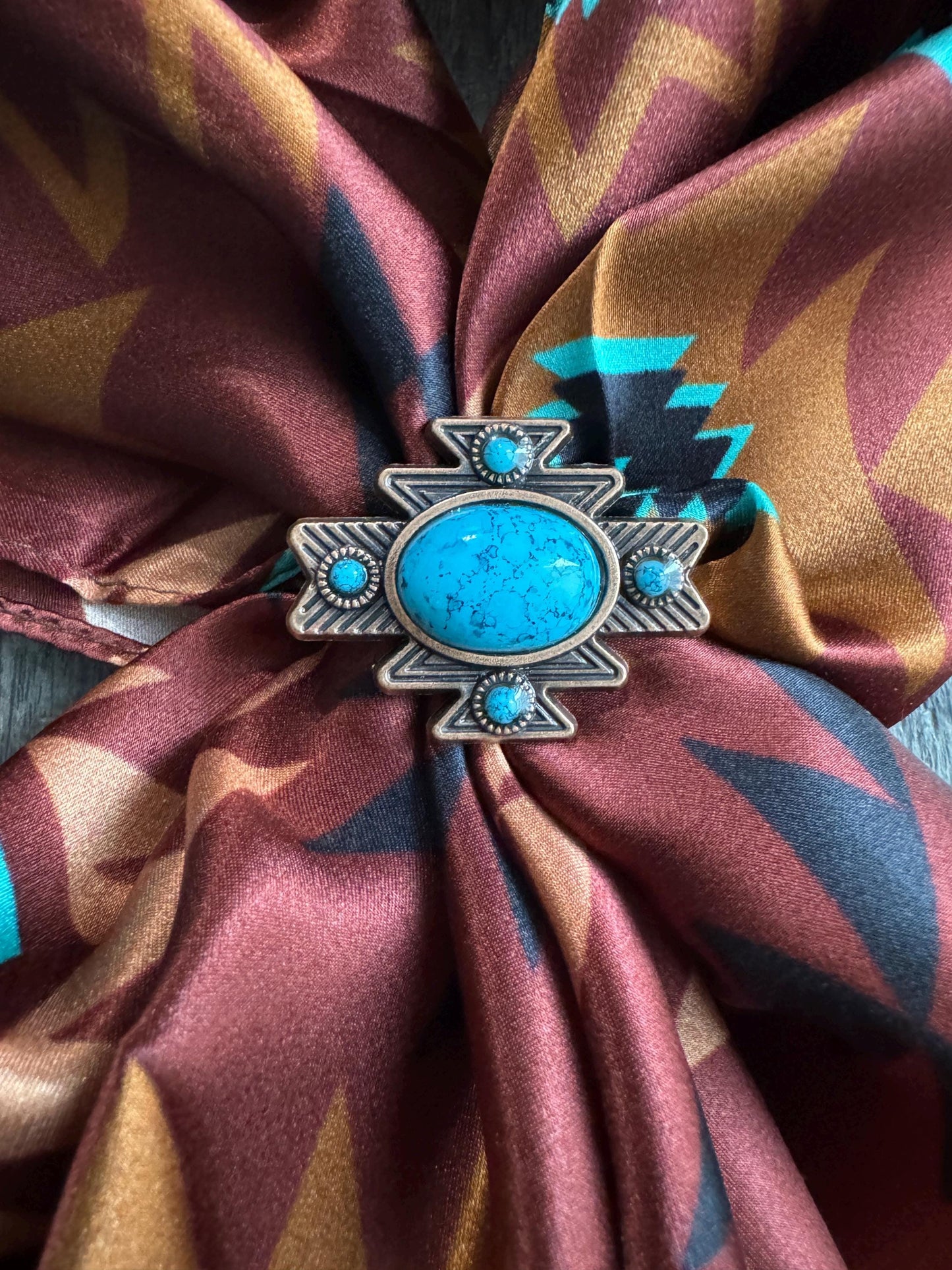 100% Silk Wild Rag Chestnut and Turquoise Aztec Native tribal inspired neck scarf by Double B Wild Rags