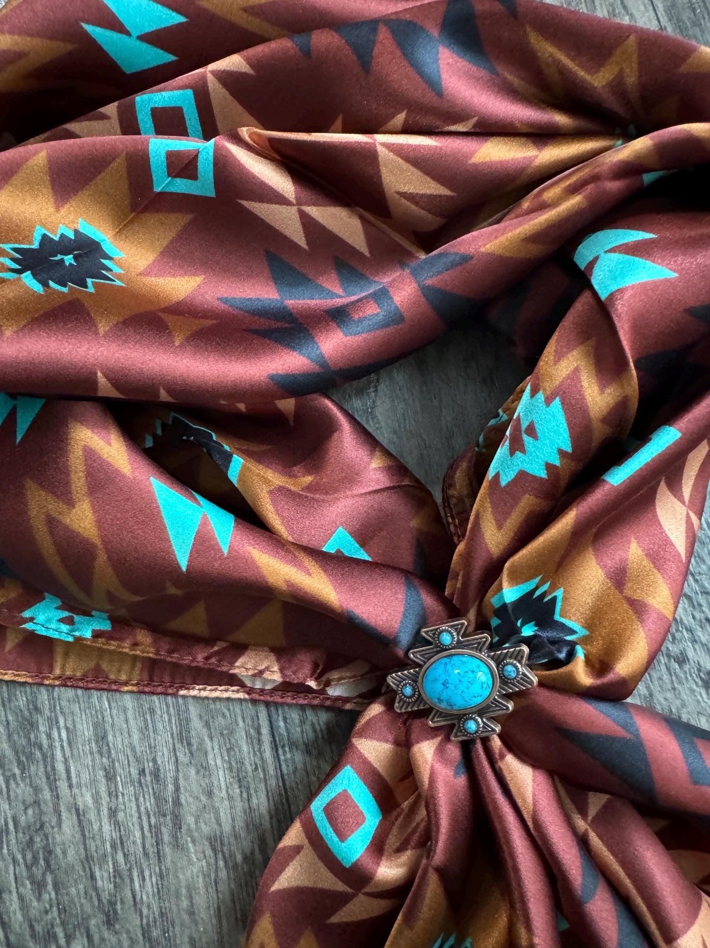 100% Silk Wild Rag Chestnut and Turquoise Aztec Native tribal inspired neck scarf by Double B Wild Rags