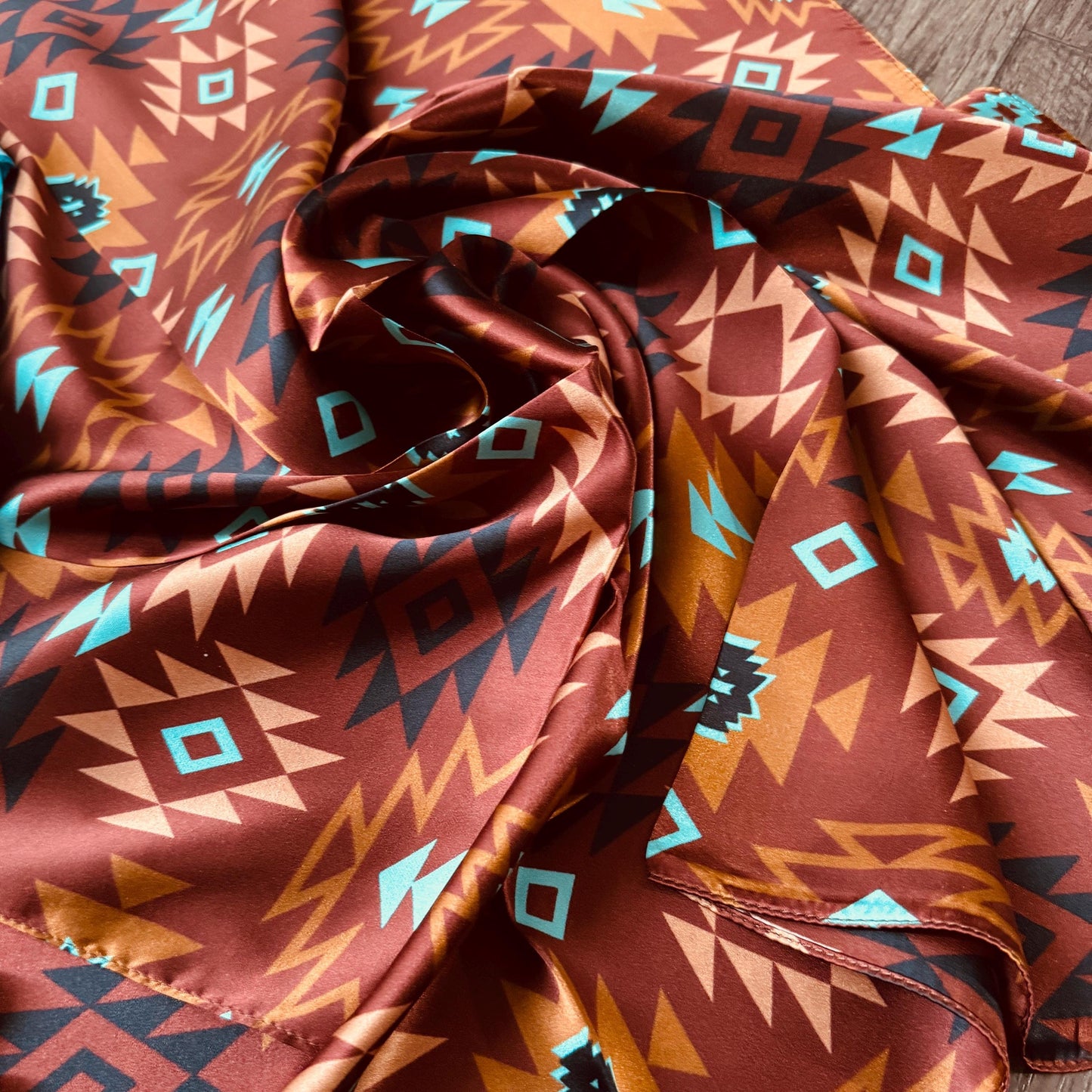 100% Silk Wild Rag Chestnut and Turquoise Aztec Native tribal inspired neck scarf by Double B Wild Rags