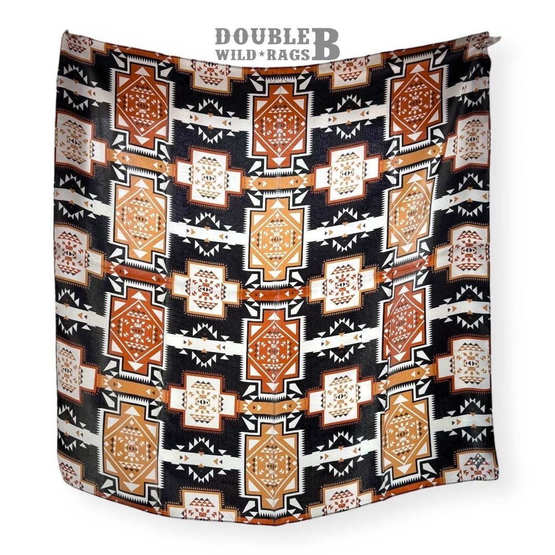 100% Silk Wild Rag Aztec Native tribal inspired pattern of brown, black, and white by Double B Wild Rags