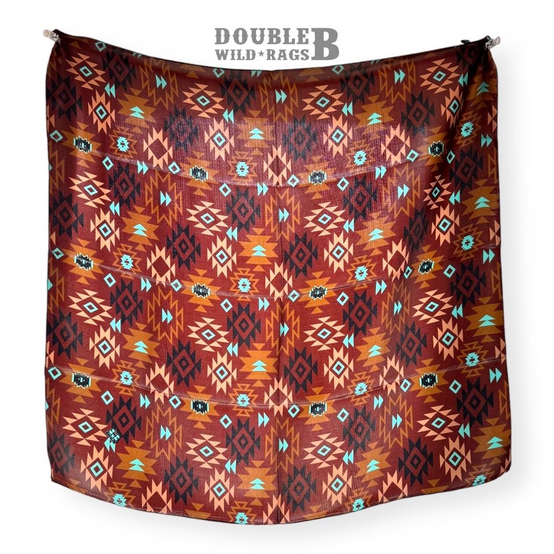 100% Silk Wild Rag Chestnut and Turquoise Aztec Native tribal inspired neck scarf by Double B Wild Rags