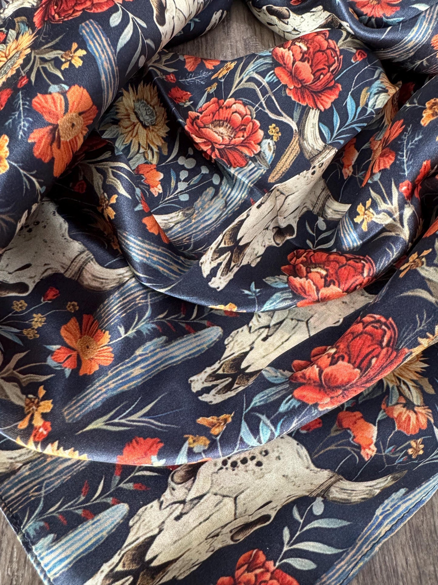 100% Silk Wild Rag Navy Blue Cow skulls and Cactus Double B Wild Rags