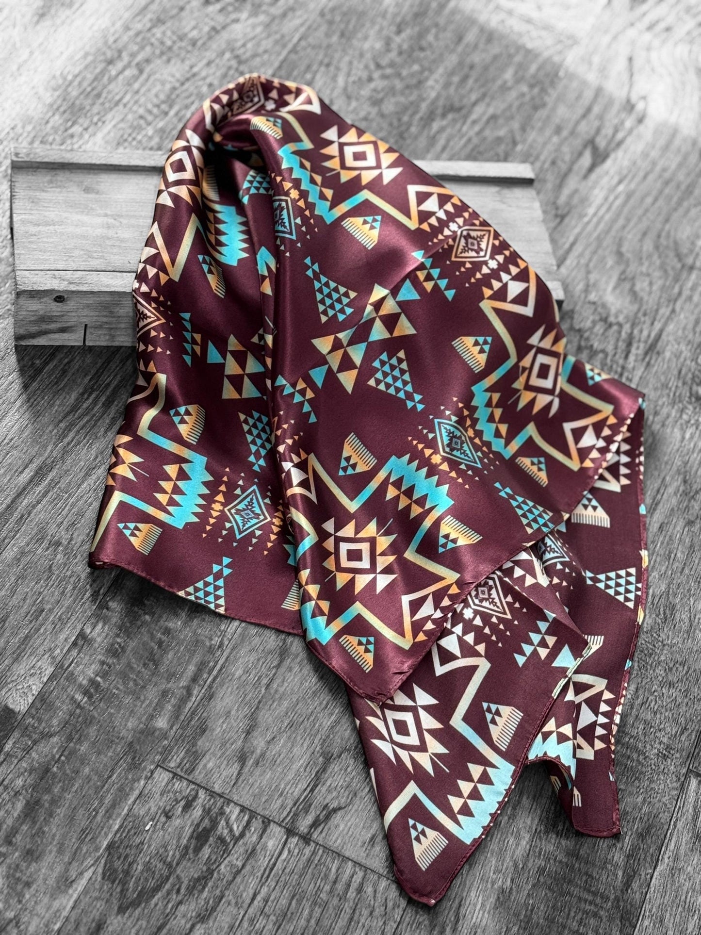 100% Silk Wild Rag Plum and Turquoise Native Tribal Print by Double B Wild Rags