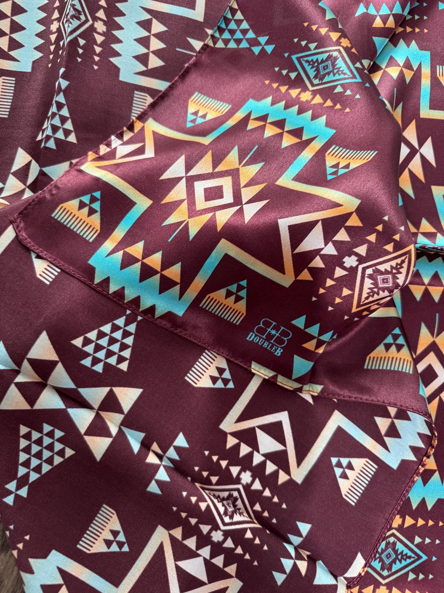 100% Silk Wild Rag Plum and Turquoise Native Tribal Print by Double B Wild Rags