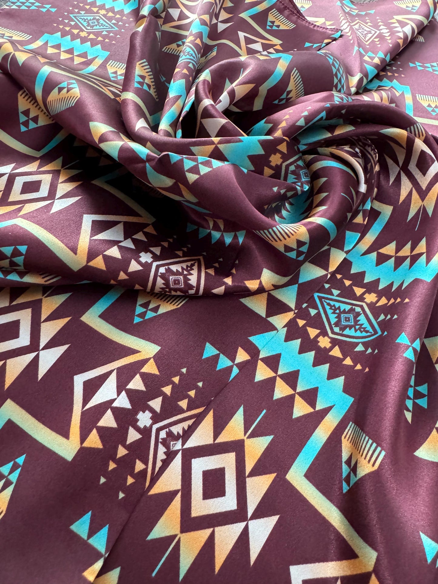 100% Silk Wild Rag Plum and Turquoise Native Tribal Print by Double B Wild Rags