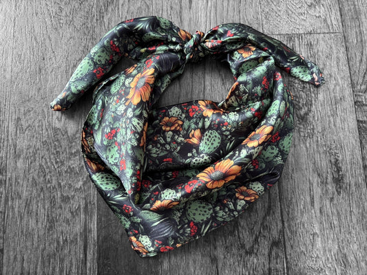 100% Silk Wild Rag Black Cactus Orange Floral by Double B Wild Rags