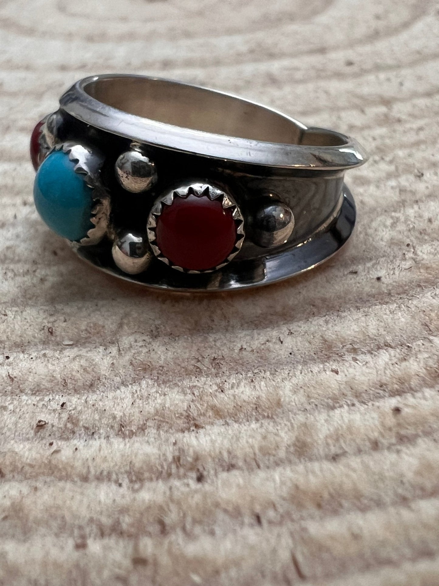 Paul Largo Turquoise, Coral & Sterling Silver Ring - Size 9