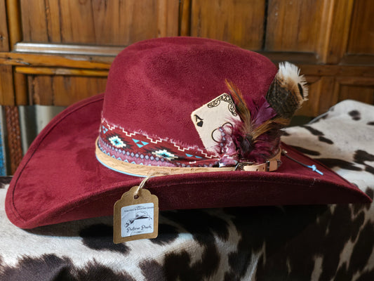 Ruby - Burgundy Faux Suede Cowboy Hat with Southwestern Band and Feather Detail