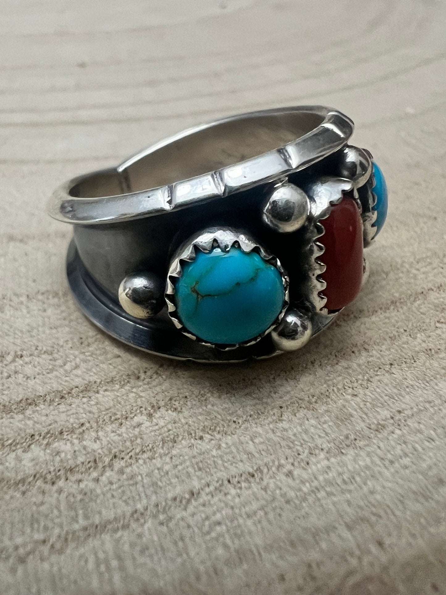 Reed Charley Navajo Handmade Kingman Turquoise and Coral Ring