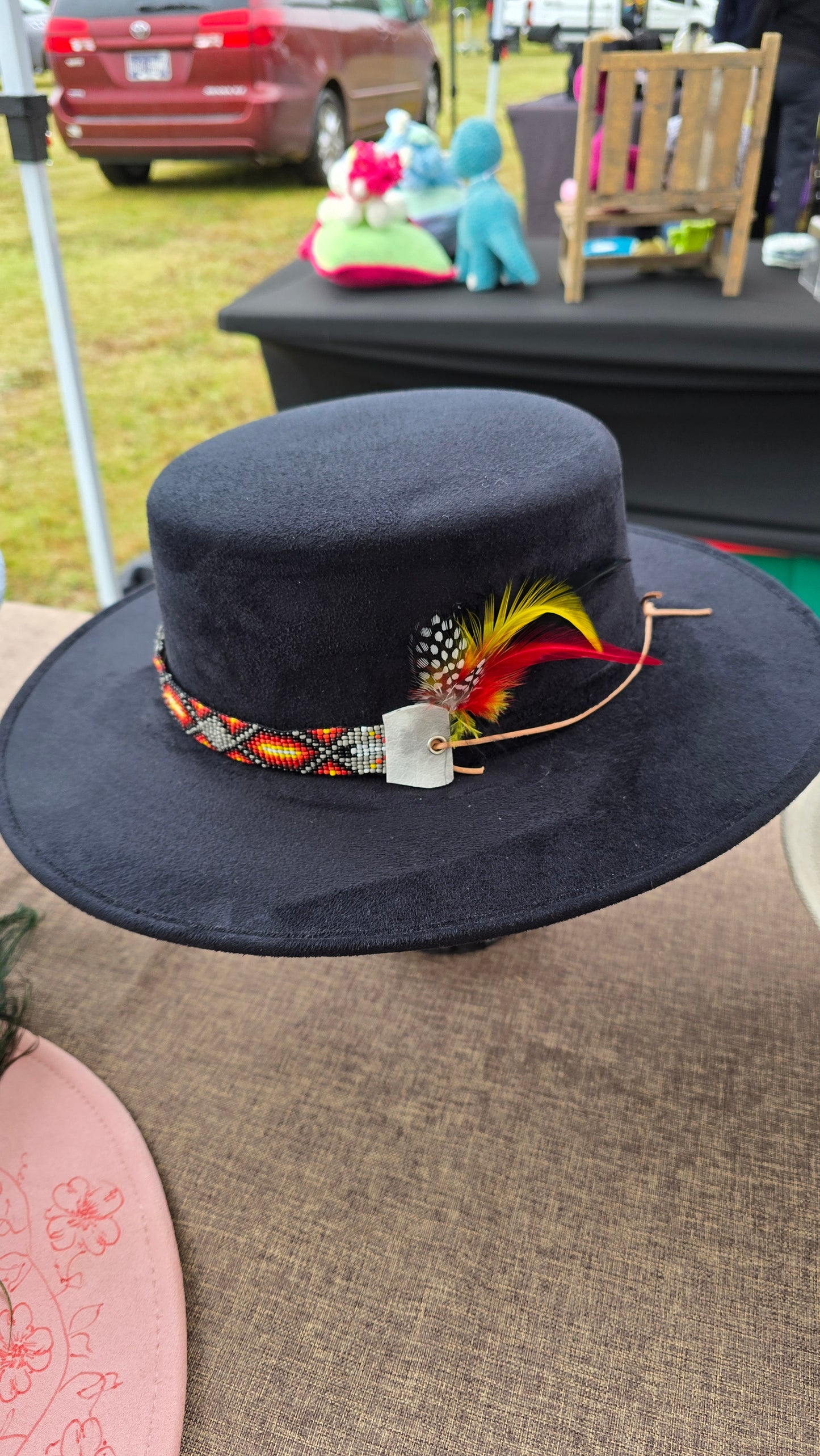 Black Faux Suede Rancher with Beaded Hatband and Feather