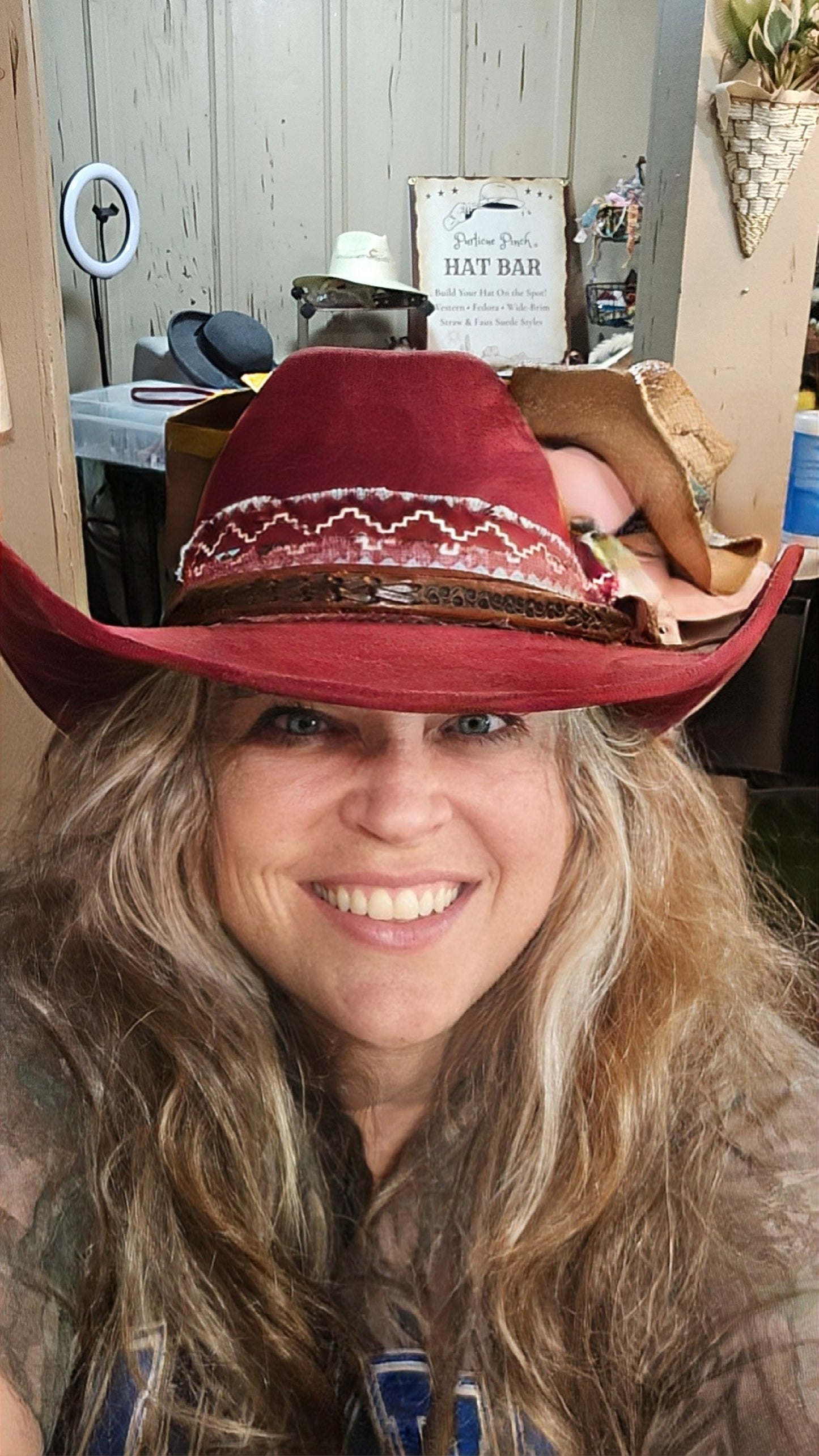 Stand Out Crimson Faux Suede Cowboy Hat with Vintage Hatband