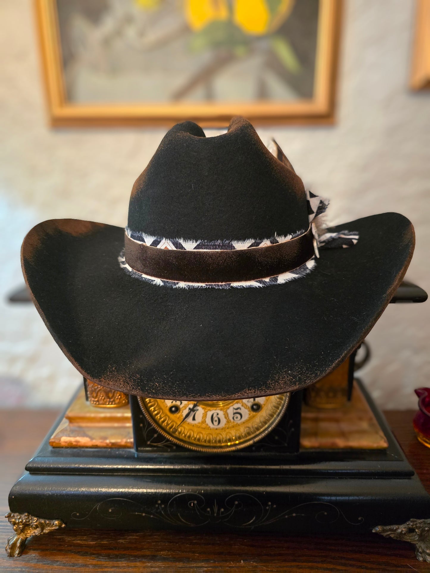 Distressed Black Wool Felt Cowboy Hat - XL with Cowhide Band