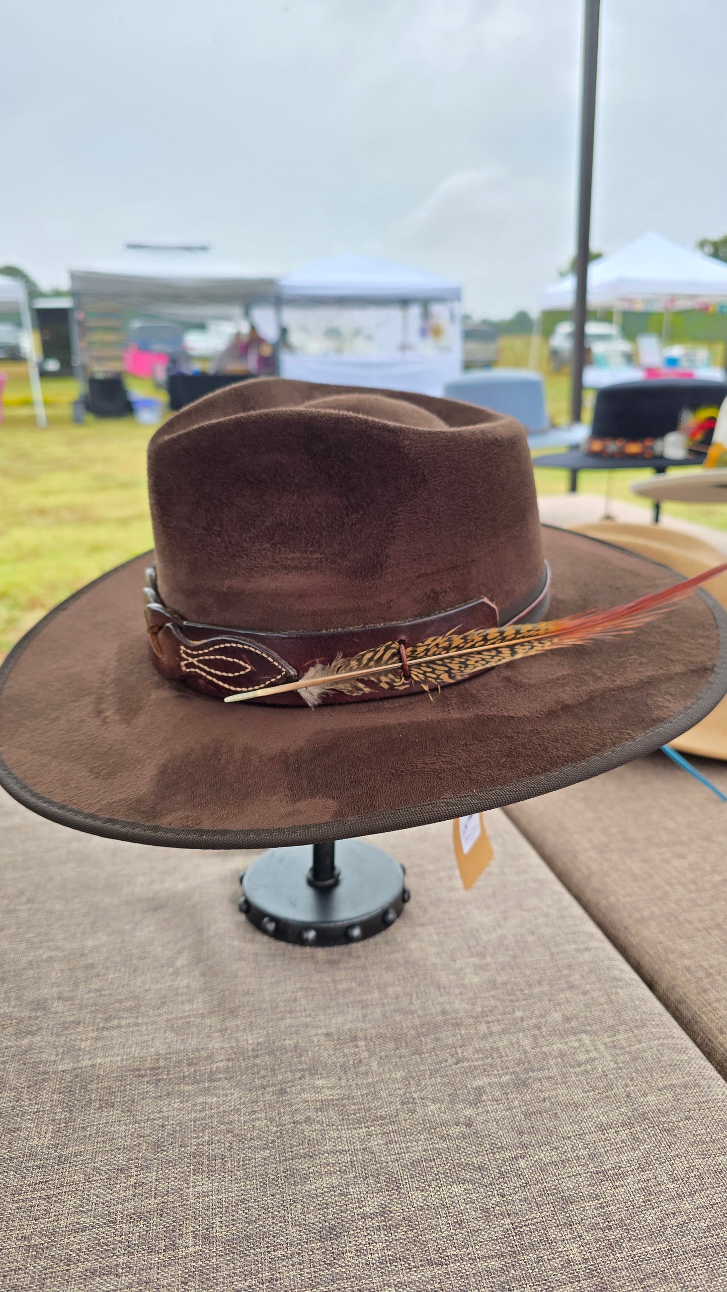 Brown Faux Suede Rancher with Leather Hatband and Feather