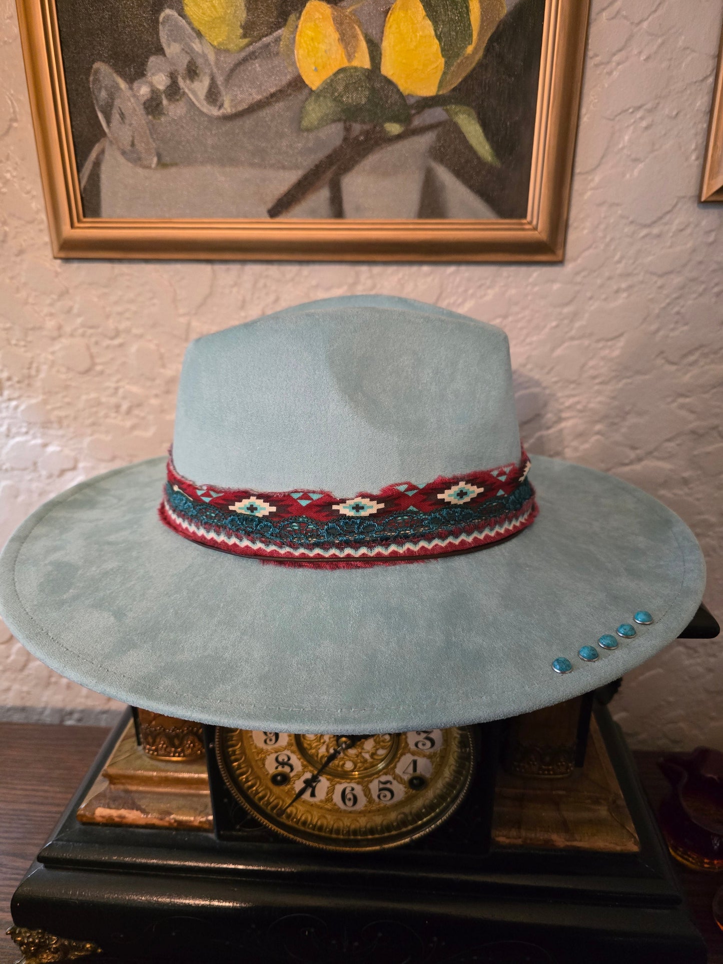 Turquoise Blue Faux Suede Wide Brim Hat - Aztec Ribbon Hatband with Turquoise Studs