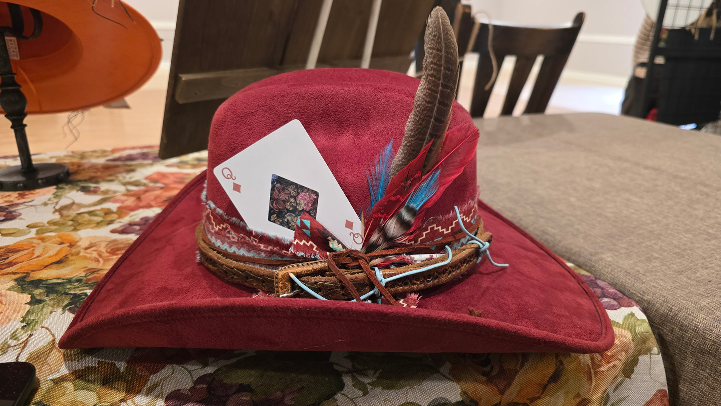 Stand Out Crimson Faux Suede Cowboy Hat with Vintage Hatband
