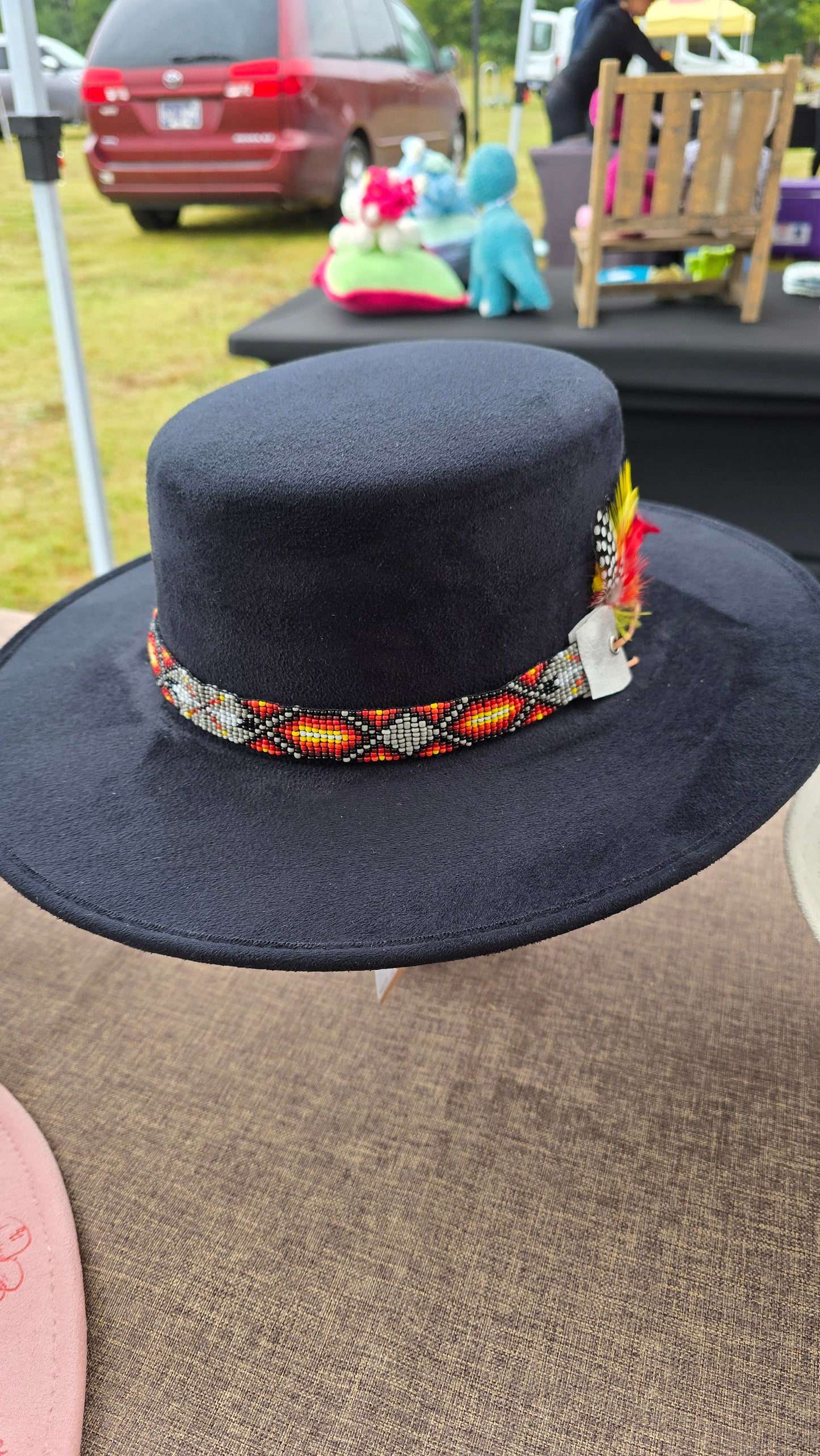 Black Faux Suede Rancher with Beaded Hatband and Feather