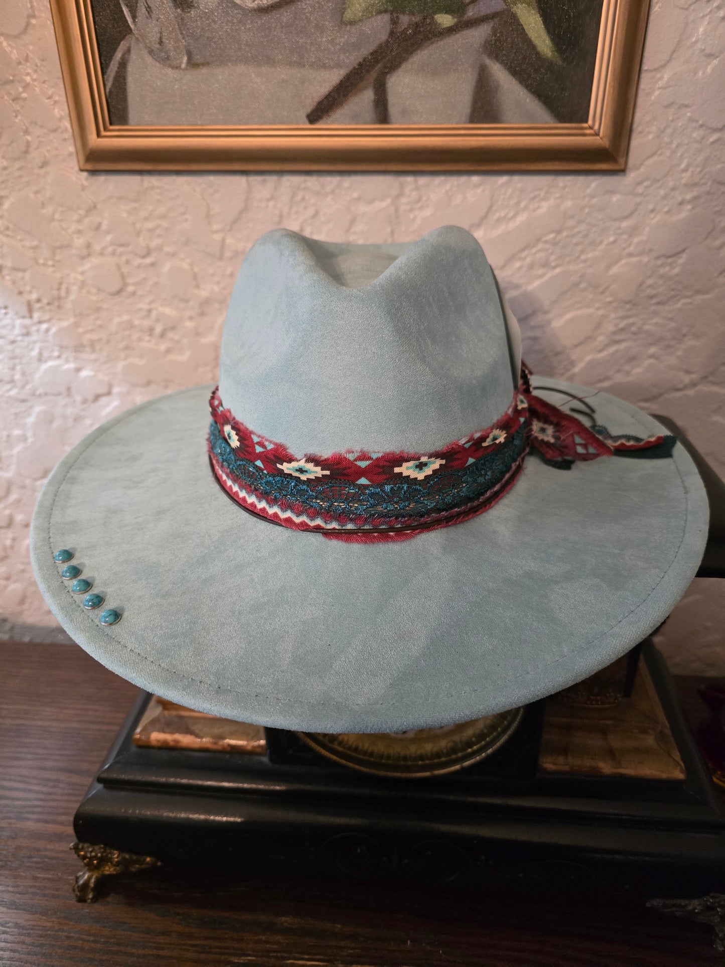Turquoise Blue Faux Suede Wide Brim Hat - Aztec Ribbon Hatband with Turquoise Studs