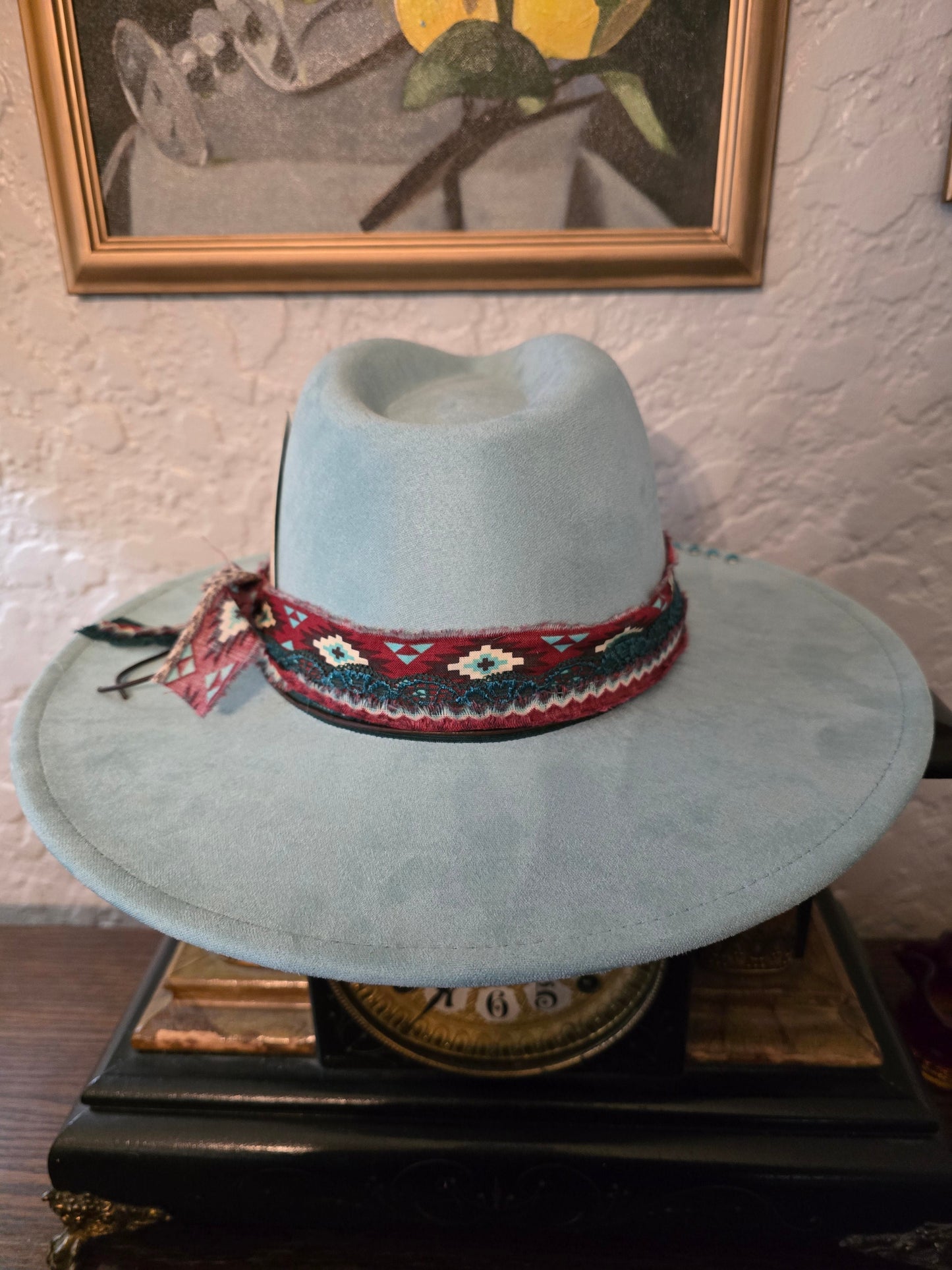 Turquoise Blue Faux Suede Wide Brim Hat - Aztec Ribbon Hatband with Turquoise Studs
