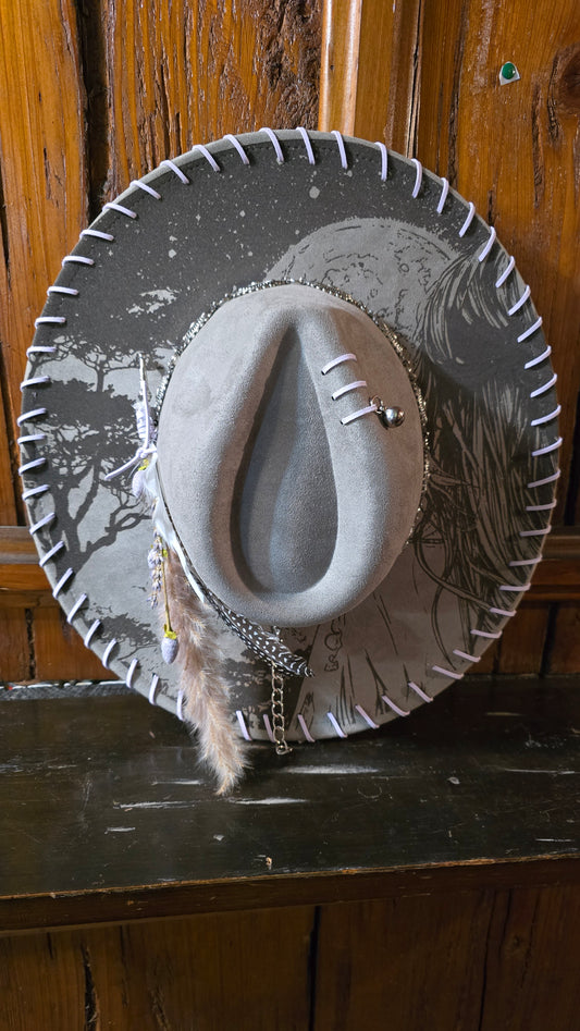 Moonlit Dreams Taupe Faux Suede Rancher Adjustable Hat with Hand Laced Brim