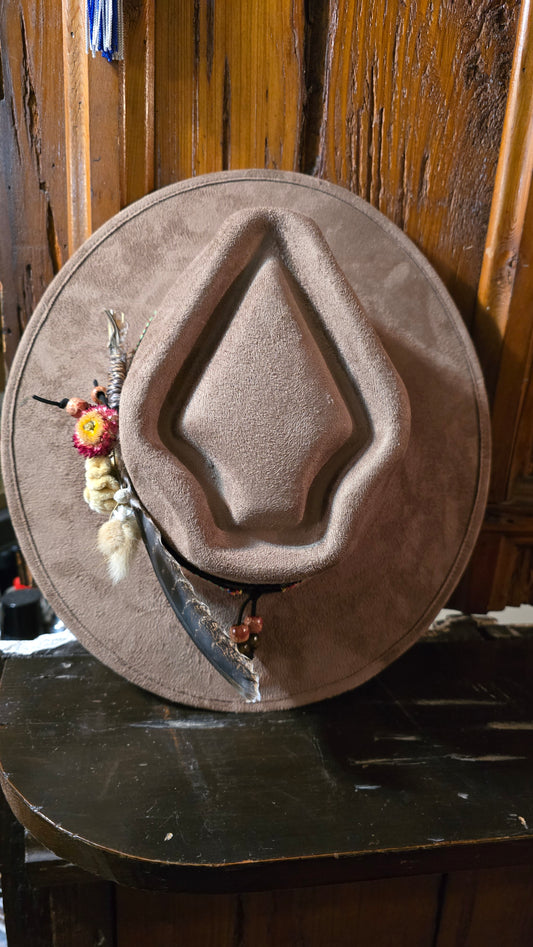 Khaki Suede Arrow Crown Rancher Hat with Floral Bundle