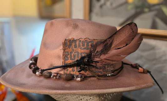 Rose Gold Metallic Fedora with Gemstone Hatband and Feather Accent