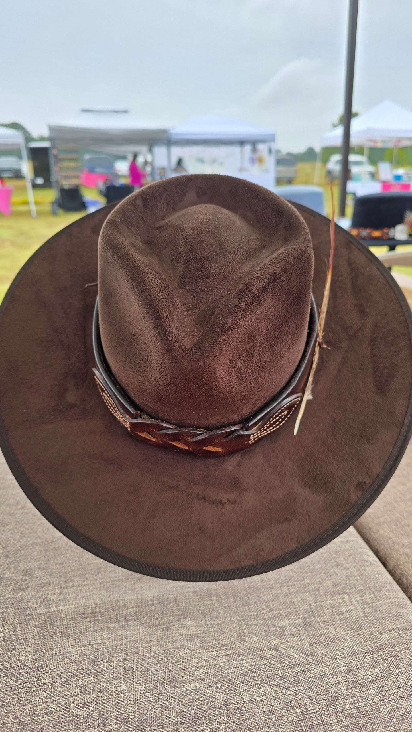 Brown Faux Suede Rancher with Leather Hatband and Feather