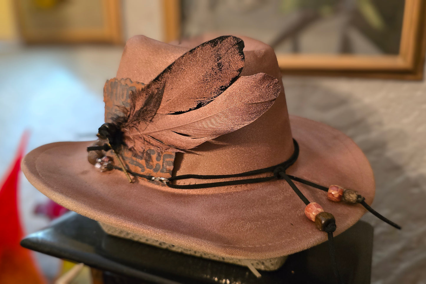 Rose Gold Metallic Fedora with Gemstone Hatband and Feather Accent