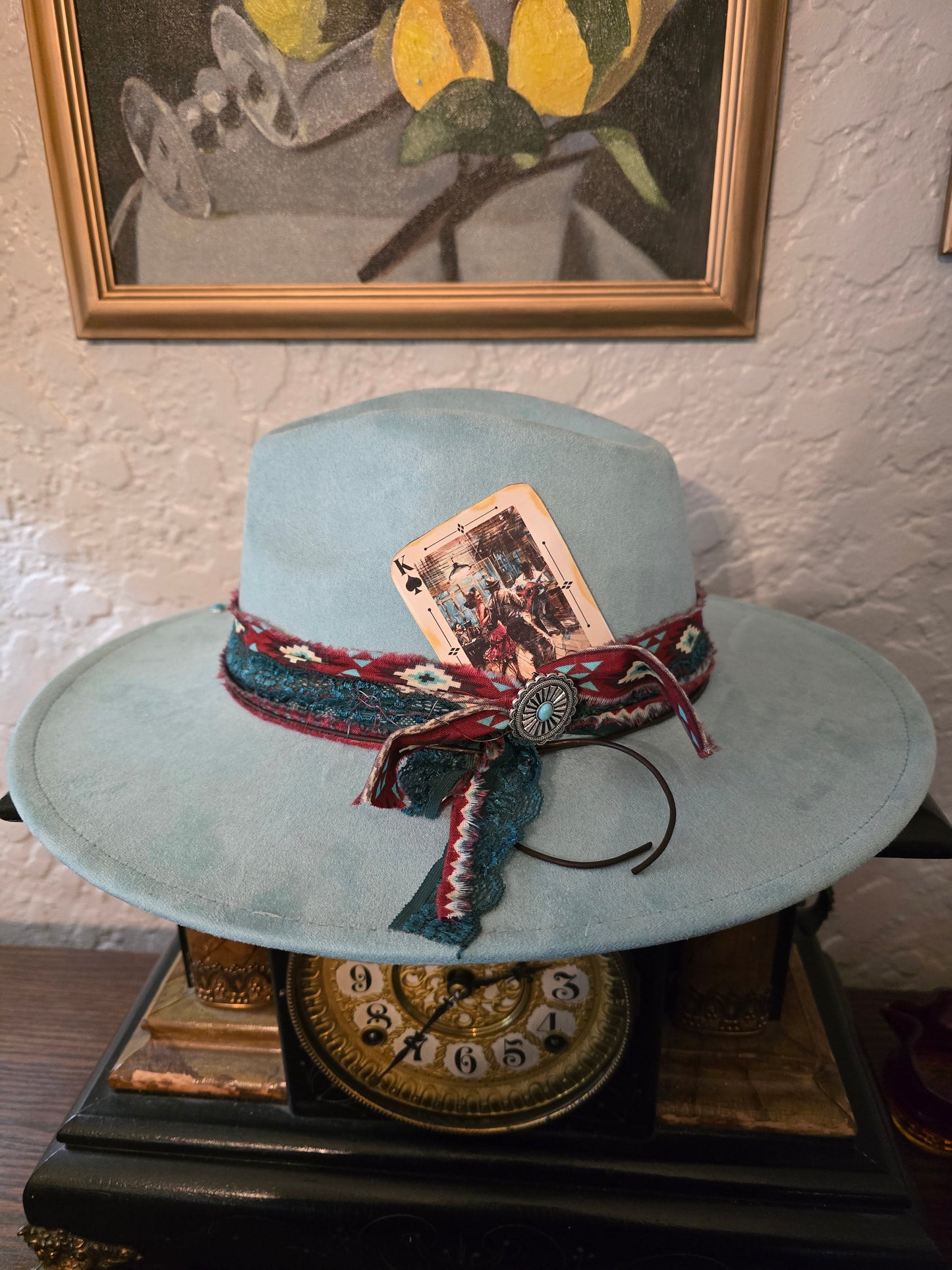 Turquoise Blue Faux Suede Wide Brim Hat - Aztec Ribbon Hatband with Turquoise Studs